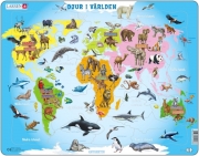 Ett pedagogiskt och lärorikt världspussel från Larsen med djur från världens alla hörn