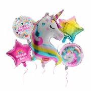 ballonger i mettalicutförande i olika former i rosa och turkos med en unicorn i mitten
