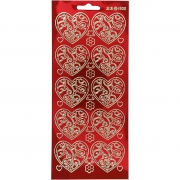 Stickers, guld, transparent röd, hjärtan, 10x23 cm, 1 ark