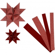 Stjärnstrimlor, röd, L: 44+78 cm, Dia. 6,5+11,5 cm, B: 15+25 mm, glitter,lack, 40 strimlor/ 1 förp.