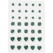 Rhinestones, grön, (rund, fyrkant, hjärta), stl. 6+8+10 mm, 35 st./ 1 förp.