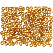 Rocaipärlor, guld, Dia. 3 mm, stl. 8/0 , Hålstl. 0,6-1,0 mm, 25 g/ 1 förp.