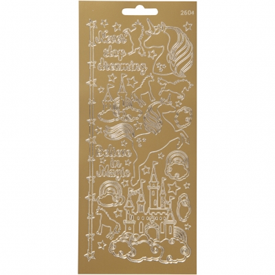 Stickers, guld, enhörning, 10x23 cm, 1 ark