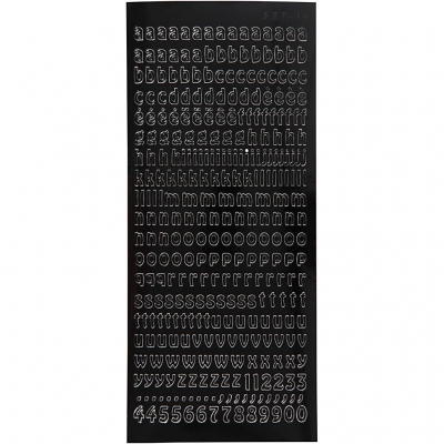 Stickers, svart, små bokstäver, gemener, 10x23 cm, 1 ark