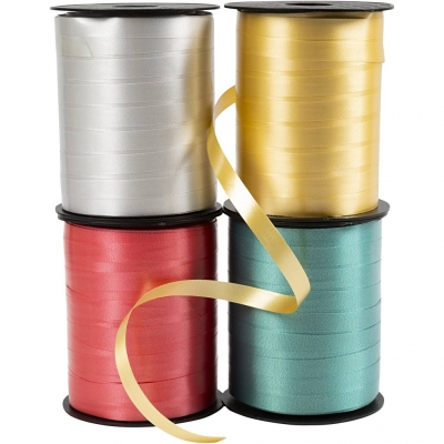 Presentsnören, B: 10 mm, blank, röd, silver, guld, grön, 4x250 m/ 1 förp.