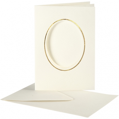 Passepartoutkort med kuvert, råvit, oval med guldkant, kortstl. 10,5x15 cm, kuvertstl. 11,5x16,5 cm, 10 set/ 1 förp.