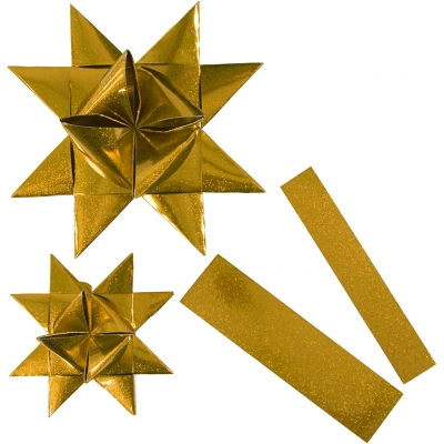 Stjärnstrimlor, guld, L: 86+100 cm, B: 25+40 mm, Dia. 11,5+18,5 cm, 16 strimlor/ 1 förp.