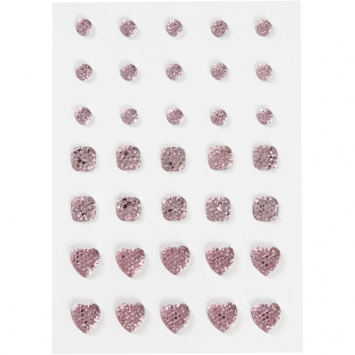 Rhinestones, rosa, (rund, fyrkant, hjärta), stl. 6+8+10 mm, 35 st./ 1 förp.