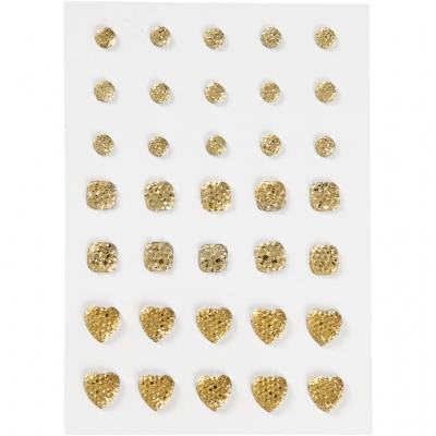 Rhinestones, guld, (rund, fyrkant, hjärta), stl. 6+8+10 mm, 35 st./ 1 förp.