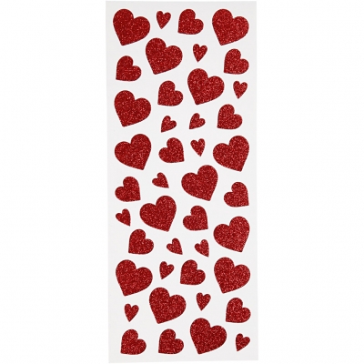 Glitterstickers, röd, hjärtan, 10x24 cm, 2 ark/ 1 förp.