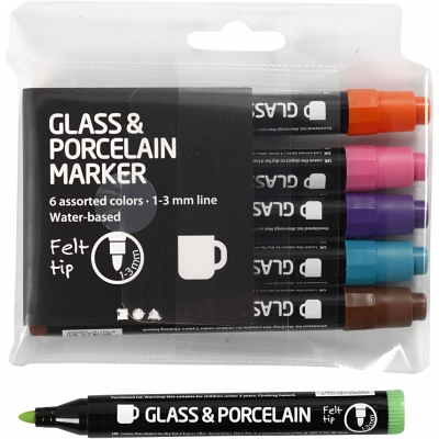 Glas- och porslinstusch, kompletterande färger, spets 1-3 mm, semi opaque, 6 st./ 1 förp.