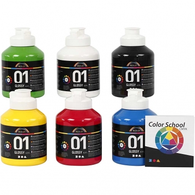 Skolfärg akryl, blank, primärfärger, blank, 6x500 ml/ 1 förp.