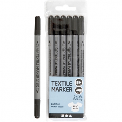 Textiltuschpennor, svart, spets 2,3+3,6 mm, 6 st./ 1 förp.