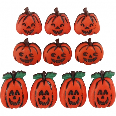 Figurknappar, halloweenpumpor, H: 14-20 mm, B: 13-14 mm, 10 st./ 1 förp.